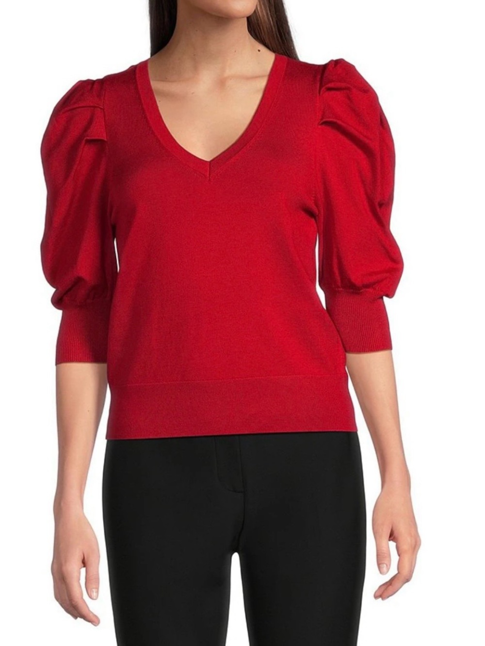 Dkny Red V-Neck Puff Sleeve Sweater (SKU872)